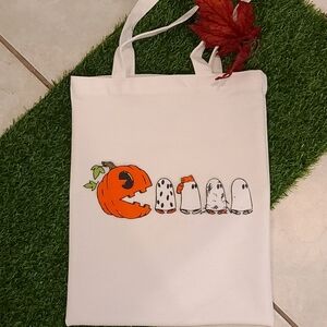 PACMAN PUMPKIN & Ghosts themed tribute Canvas Tote NWT